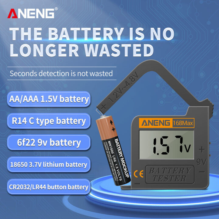 Testador de baterias ANENG 168Max digital em uso