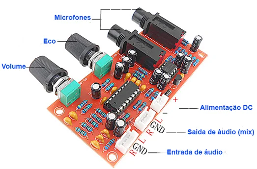 Pt2399 amplificador microfone manual de uso kit montar pré-amplificador microfone eco pt2399 karaokê