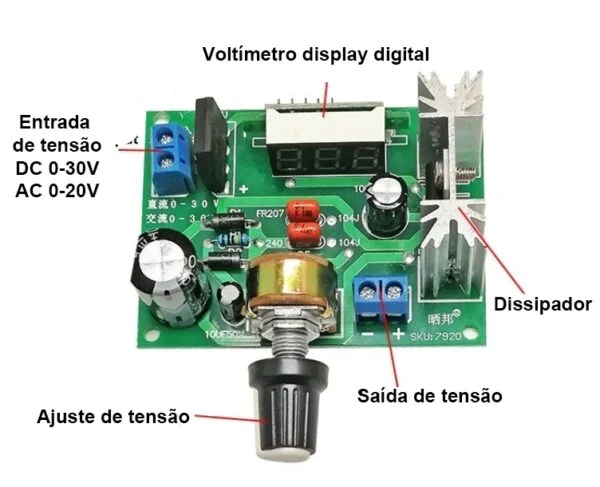 Lm317 regulador de tensao dc dc ajustavel com voltimetro