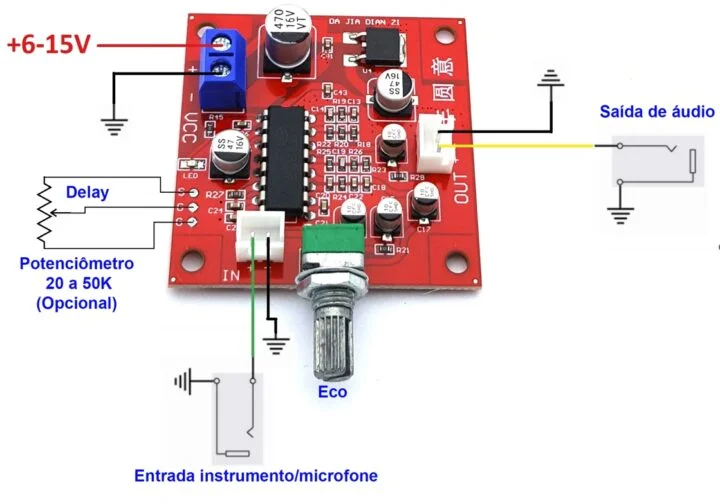 Pré-amplificador Subwoofer áudio Manual de uso módulo PT2399 CD2399 eco microfone
