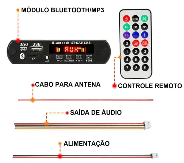 Modulo bluetooth 50 diy decodificador mp3 player fm aux mic 6