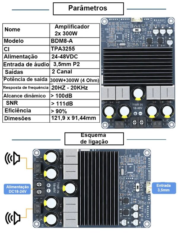 Amplificador bdm8-a tpa3255 potência 2x 300w classe d hifi